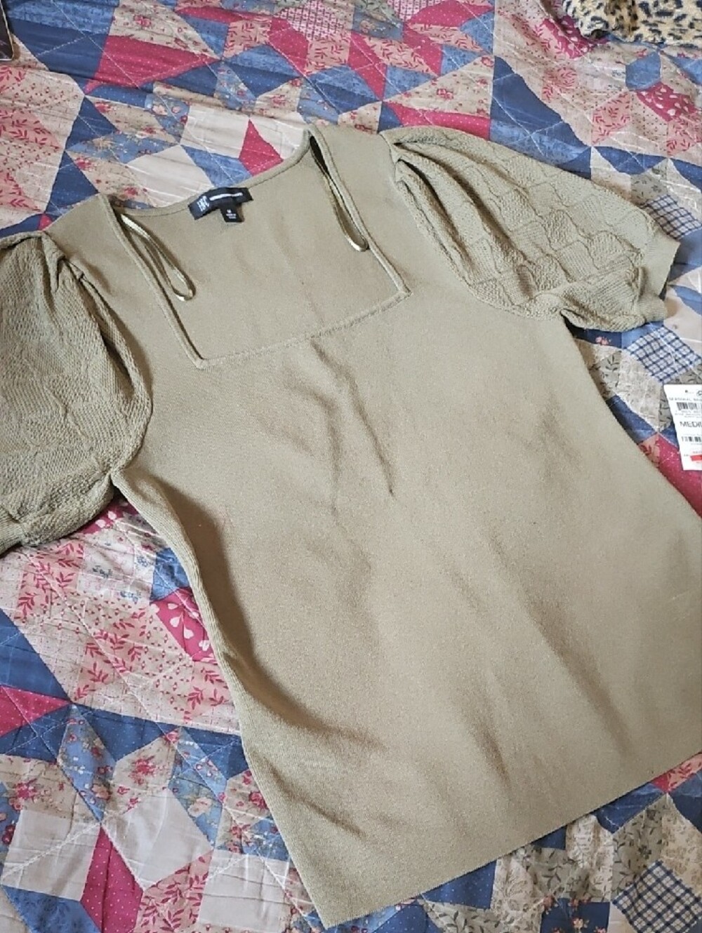 INC International Concepts Olive Green Square Neck Puff Sleeve Top
